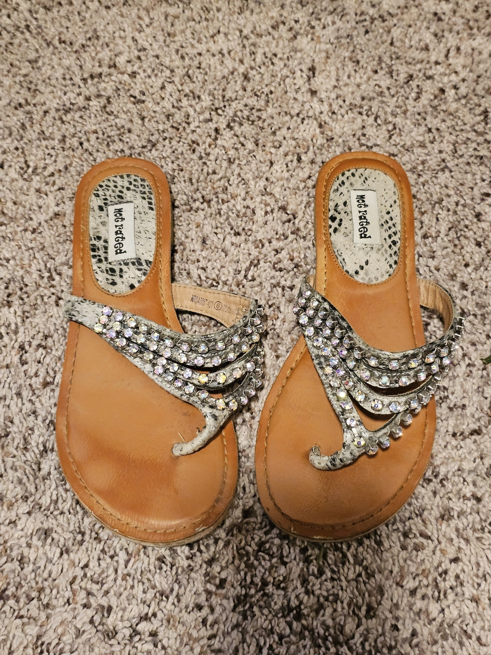Not Rated Tan Leather Crystal-Embellished Thong Sandals